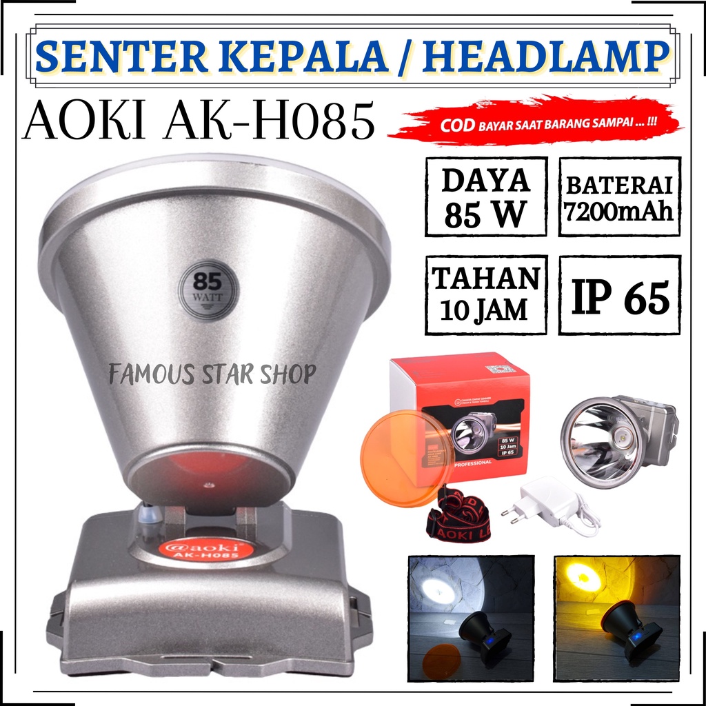 Senter Kepala LED Aoki AK-H085 85Watt | Professional Headlamp AOKI AK H085 Cahaya Putih dan Kuning Super Terang Tahan Hingga 10 Jam Nonstop | Senter Kepala Waterproof 85W | FMS