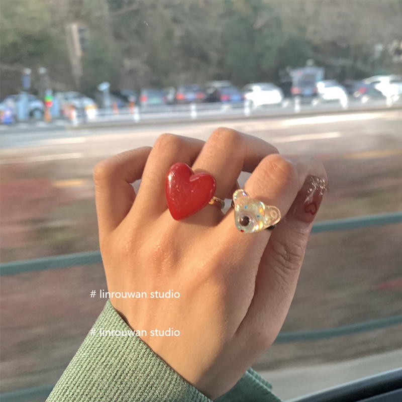 Cincin Jari Telunjuk Model Terbuka Desain Beruang Hati Merah Bahan Resin Transparan