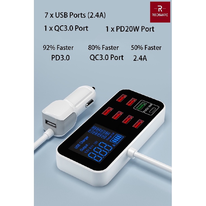 ROCKWARE WLX-A9S PLUS - Charger Mobil 40W 8 USB - Support PD dan QC