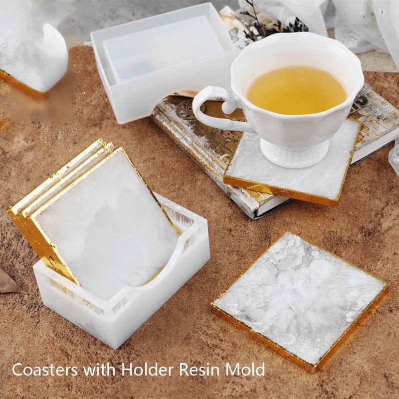 SIY  DIY Sqaure Coaster Box Molds Hold Up to 4 Coaster with Holder Epoxy Resin Moulds