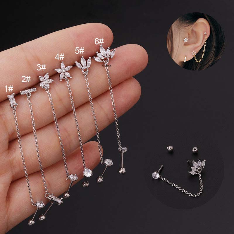 1 Piece Chain Earrings Stud Upper Lobe Helix Piercing Barbell Stainless Steel