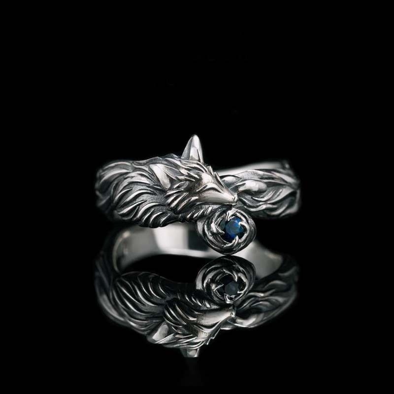 Perhiasan Cincin Jari Bahan Titanium Steel S925 Silver Bentuk Hewan Rubah Aksen Batu Biru Gaya Punk Vintage Untuk Pria