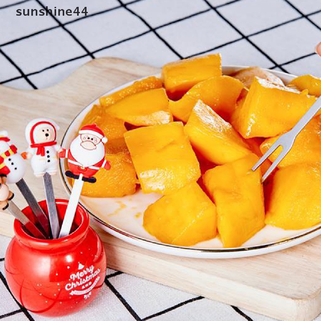 Sunshine 5Pcs / Set Garpu Buah / Sayuran / Salad Bentuk Santa Claus Bahan Stainless Steel