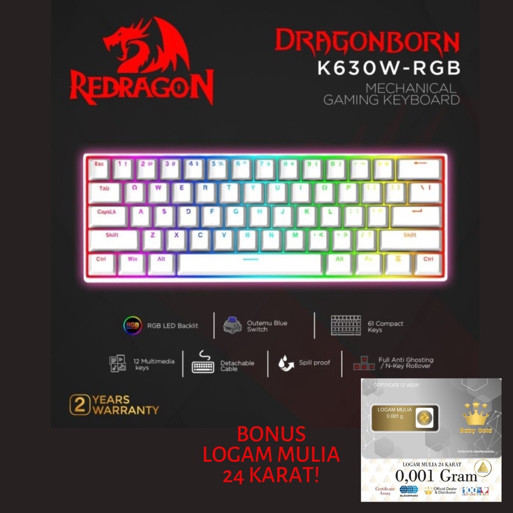 Keyboard Redragon Mechanical  RGB DRAGONBORN WHITE - K630W-RGB