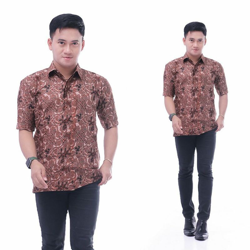 [COD] mega shopping day~Kemeja batik pria sogan lengan pendek