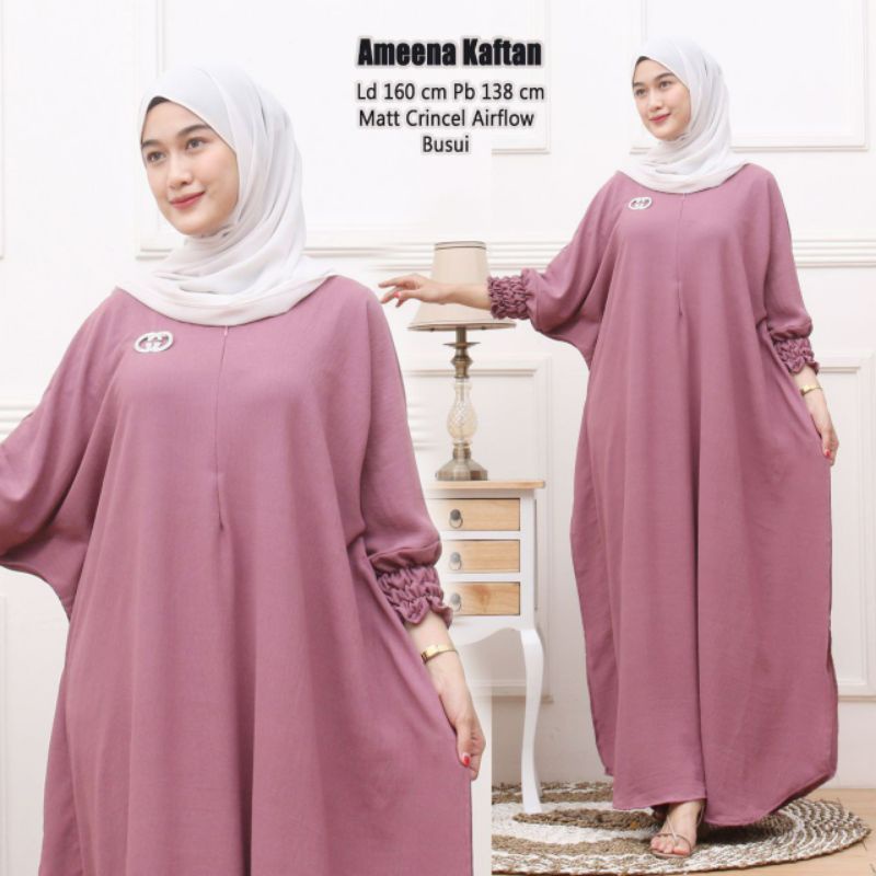Kaftan Jumbo Oversize Kaftan Crinkle Airflow Wanita Jumbo XXXXL Lengan 7/8 Busui Resleting Polos Sof