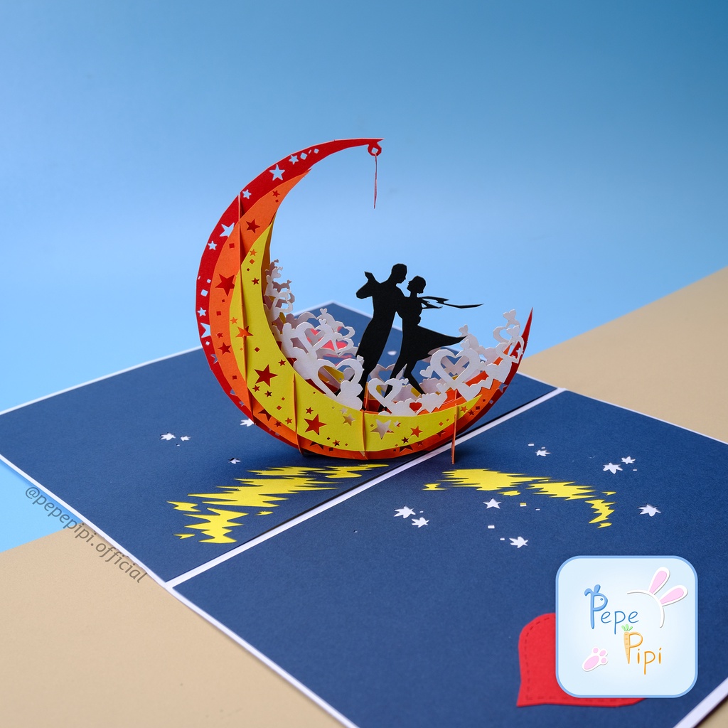 Pop Up Card Bulan Couple  3D - Ciuman Kartu Ucapan moon