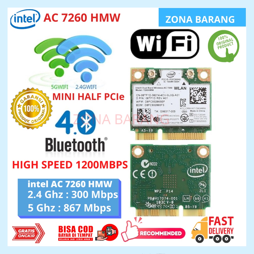 Wifi Card Wireless Intel AC 7260 HMW Bluetooth HALF MINI PCIE 1200 Mbps Dual Band  2.4Ghz / 5Ghz