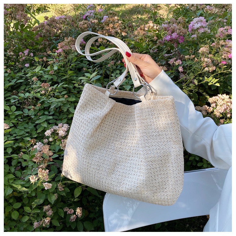 Drozenb Tas Tote Wanita Bahan Anyam Jerami Motif Polos/Totebag Fashion Korea Anyam Kulit Impor/Tas Tote Bahan Anyam Jerami Model Korea Fashion/Tas Pantai Wanita Bahan Anyaman Model Korea