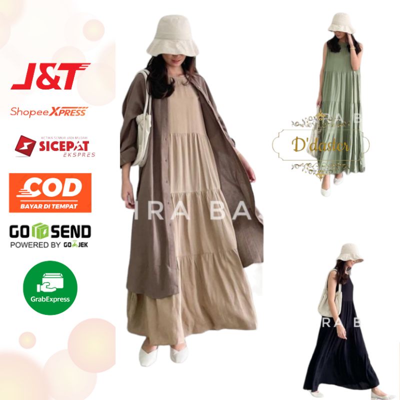 Iner Dres Inner Dress Gamis Tanpa Lengan Busui Panjang Susun Polos Rayon Cotton Twill