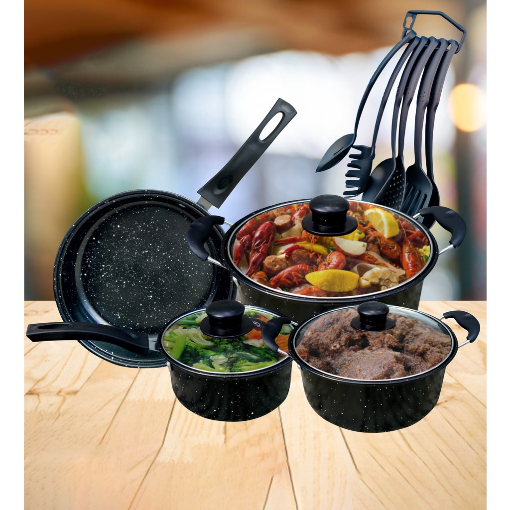 Panci Set Teflon Marble 13 Pcs Berwarna Cookware Set Tutup Kaca Free Spatula 6 Pcs Plastik