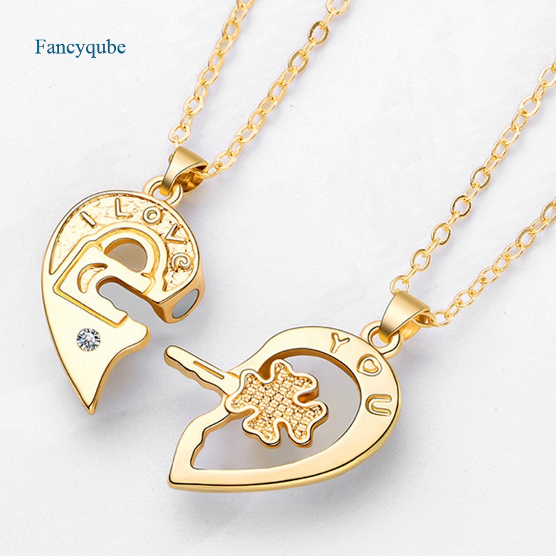 Fancyqube 2pcs Kalung Liontin Bentuk Kunci Hati Daun Clover Bahan Alloy Untuk Hadiah Pernikahan