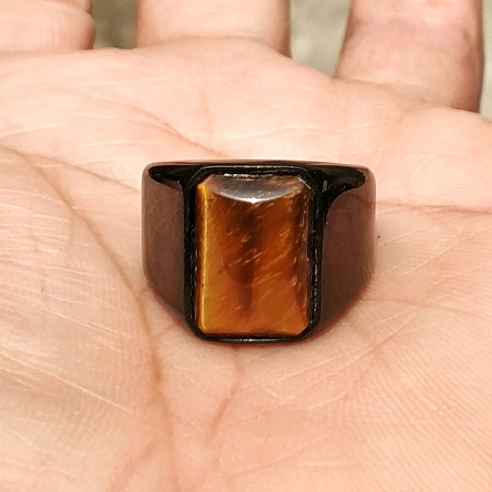 CINCIN BATU AKIK NATURAL BIDURI SEPAH AKA TIGER EYE MINIMALIS TITANIUM HITAM OCTAGON