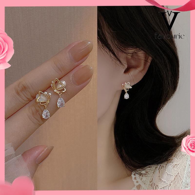 [COD]Opal Butterfly Love Water Drop Zircon Earrings Desain Niche Wanita Anting Temperamen Kelas Atas-FA