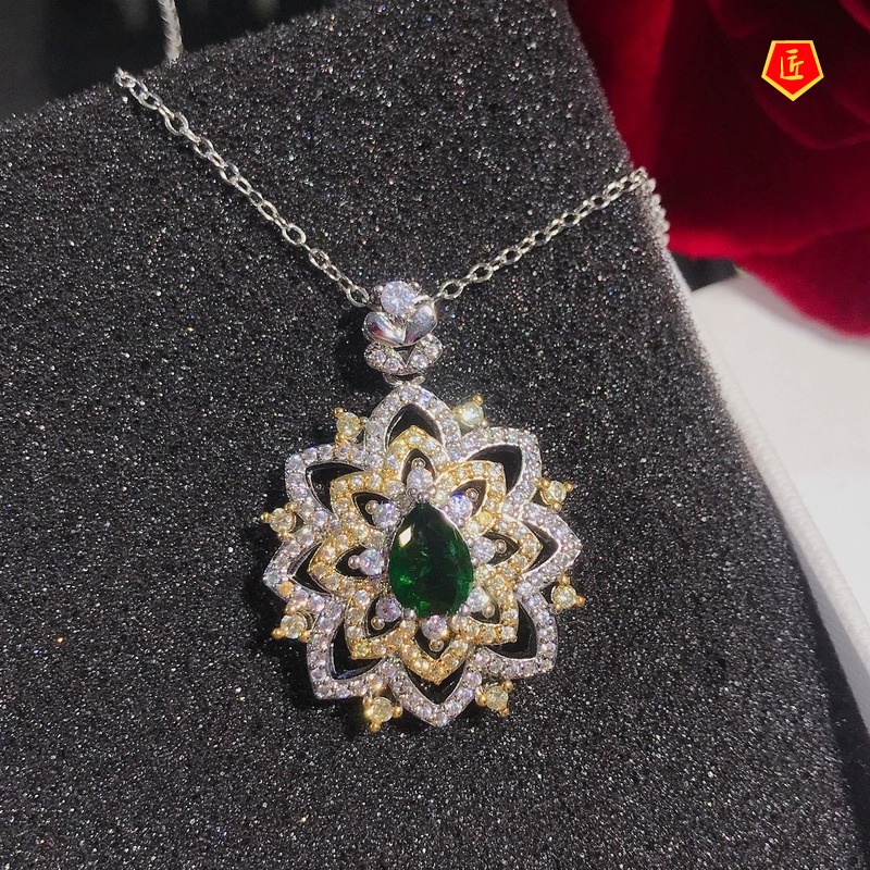 Lace Two-Color Emerald Pendant Luxury Micro-Inlaid High Carbon Diamond Necklace for Women