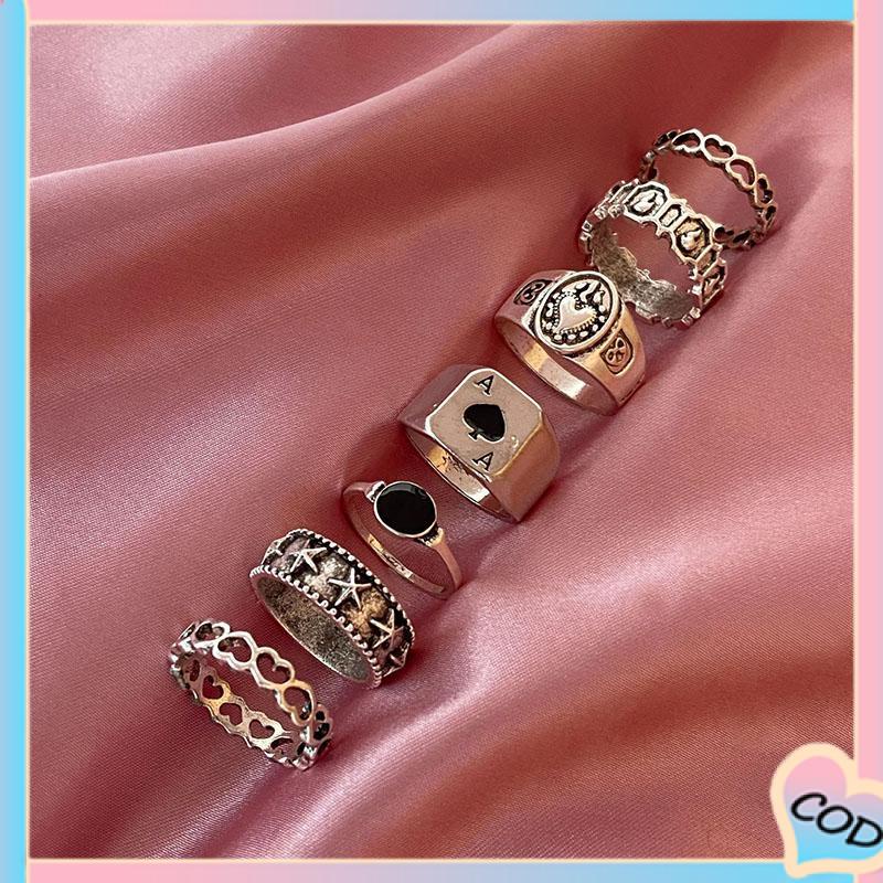 COD❤️ 7 PCS Cincin Set Retro Pria Dan Wanita Vintage Kreatif Fashion Perhiasan Temperamen Suasana Sederhana