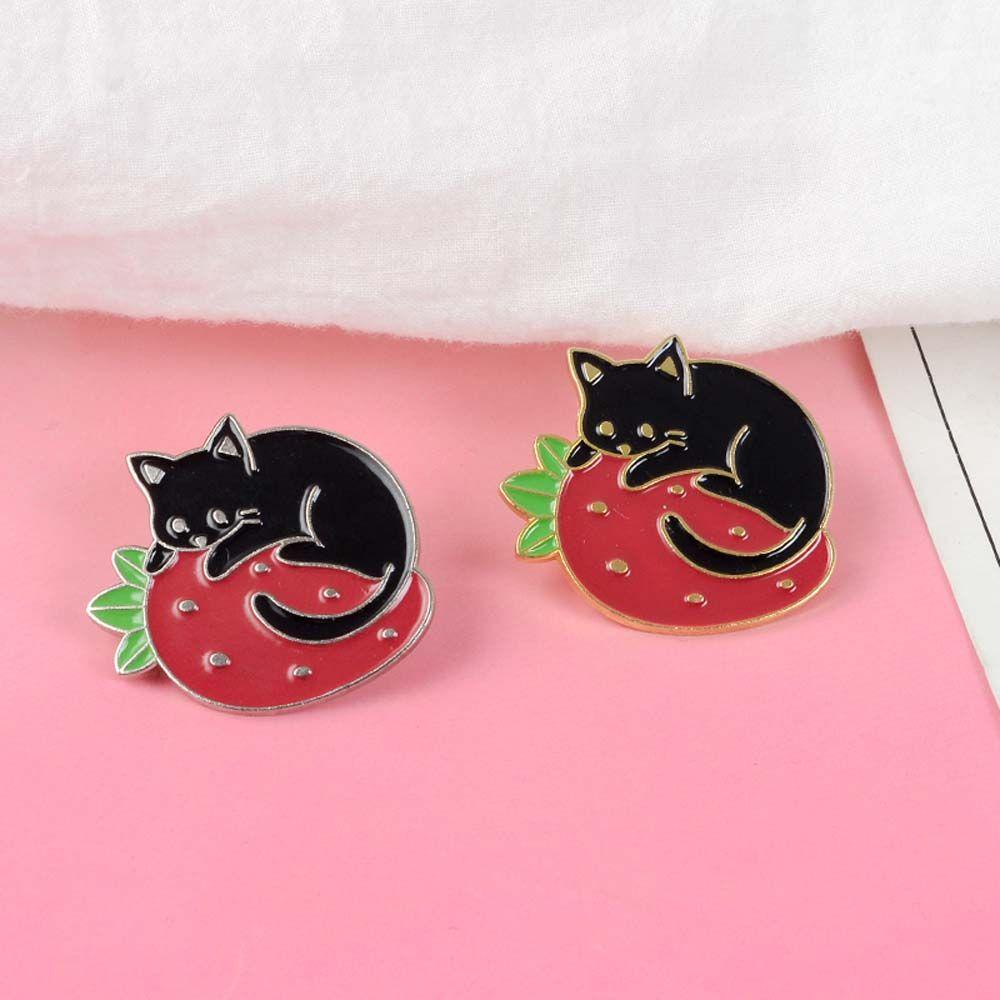 Mxbeauty Kucing Bros Hadiah Untuk Wanita Pria Hadiah Untuk Anak Kucing Hitam Strawberry Lapel Pin Lencana Pin Enamel Pin