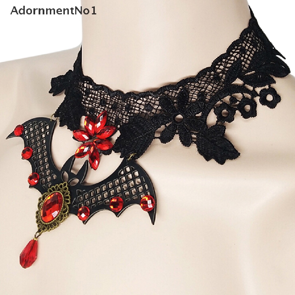 (AdornmentNo1) Kalung Choker Lace Gaya Gothic Aksen Kelelawar + Manik-Manik Kristal Untuk Perhiasan Wanita