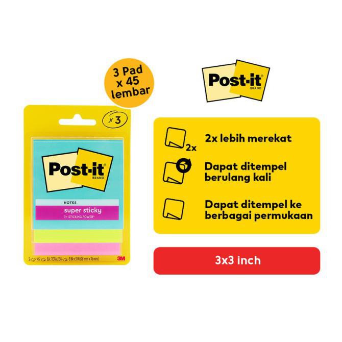 

Post-it 3M Super Sticky Notes Miami (3 Pad) 45 Lembar 3X3" 3321-3SSMIA