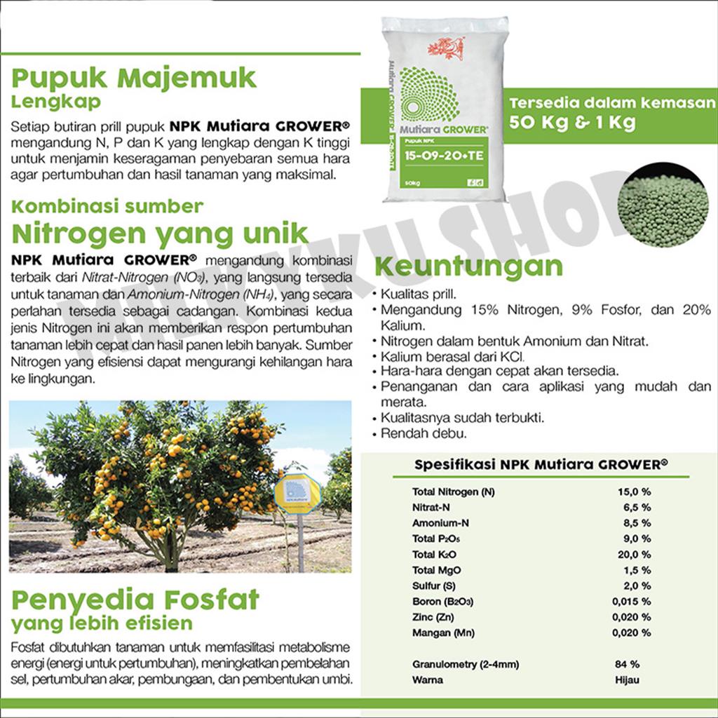 PUPUK NPK GROWER 15-09-20+TE MUTIARA MEROKE KEMASAN PABRIK 1 KG