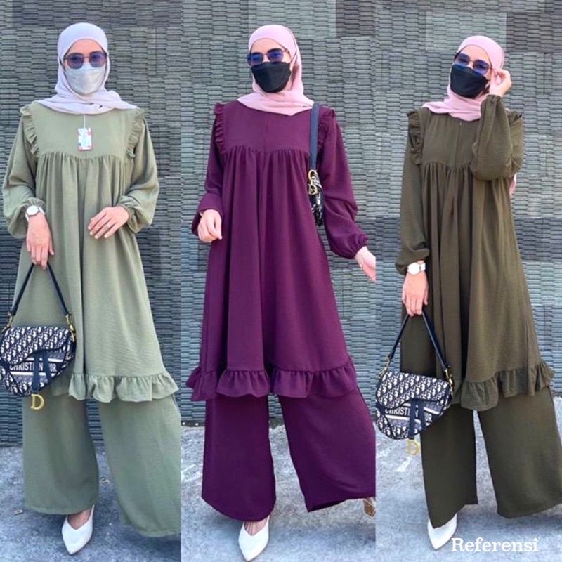 Setelan Muslim Crinkle Premium Ld 110 L - XXL Model Terbaru One Set Tunik Celana Kekinian / Setelan 