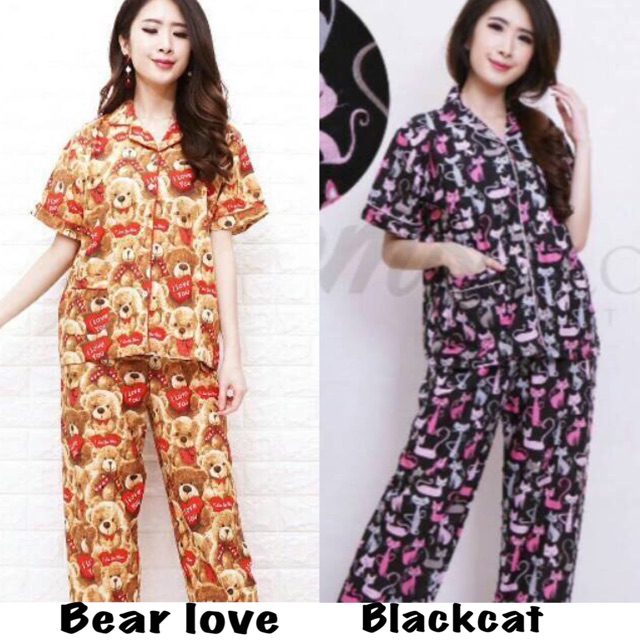 piyama pajamas cp abg dewasa teddybear doraemon lengan pendek celana panjang