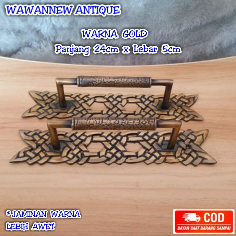 Handle Pintu / Gagang Pintu Rumah Pagar Kuningan Antik Motif Tali Ukir 24cm