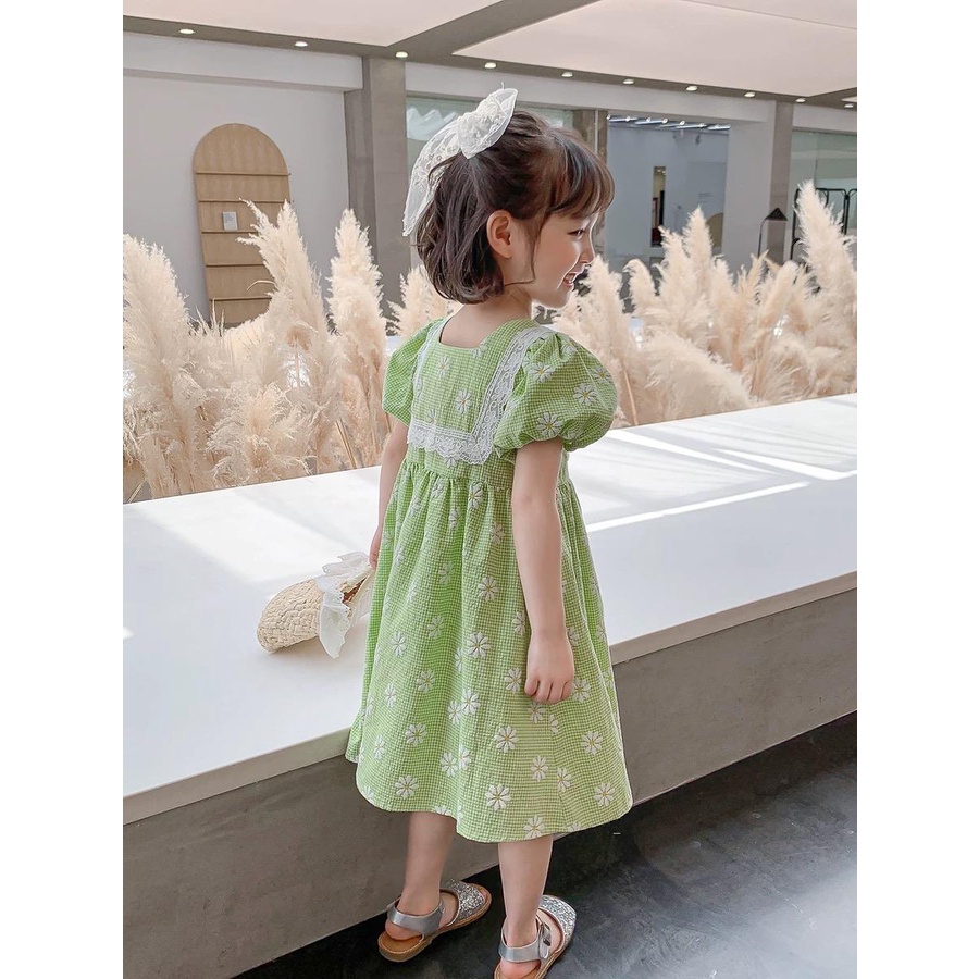 Dress Anak Perempuan Hijau Kotak Bunga Putih Terbaru