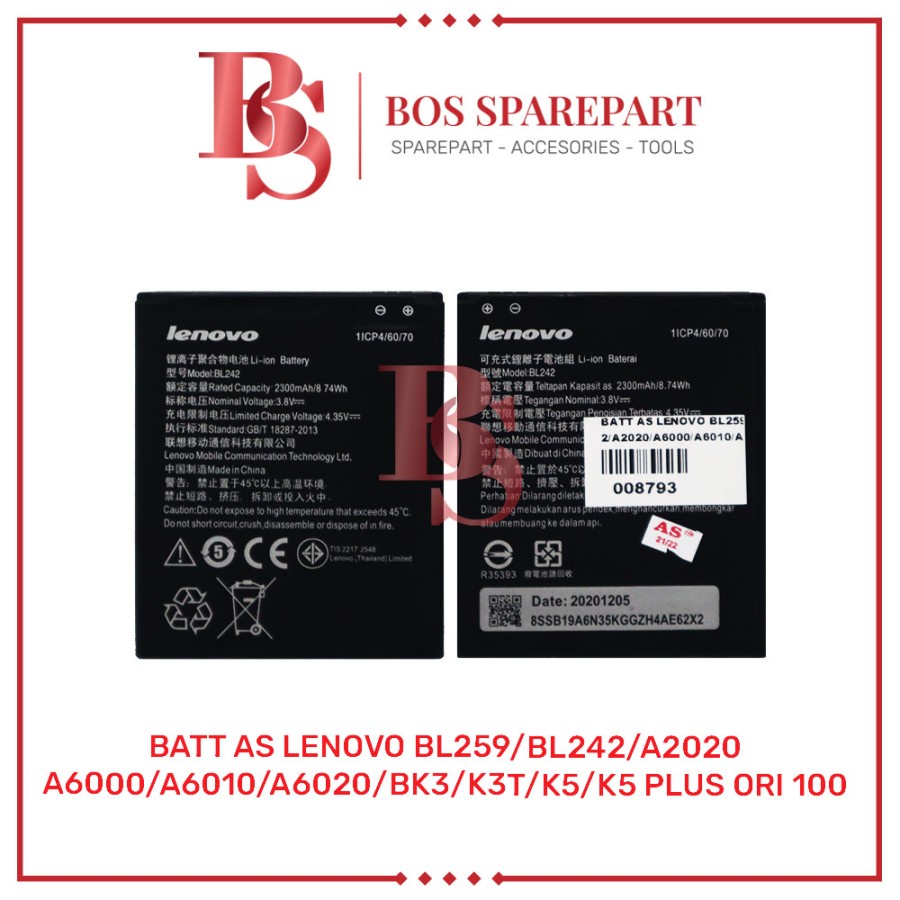 BATERAI AS LENOVO BL259 / BL242 / A2020 / A6000 / A6010 / A6020 / K5 / K5 PLUS ORI 100 / BATTERY / B