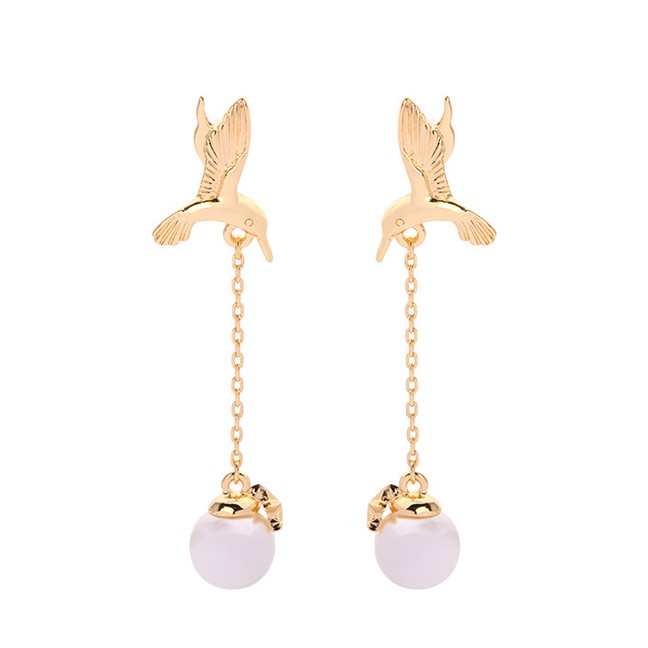 LRC Anting Tusuk Fashion Gold Bird Pearl Earrings f52096