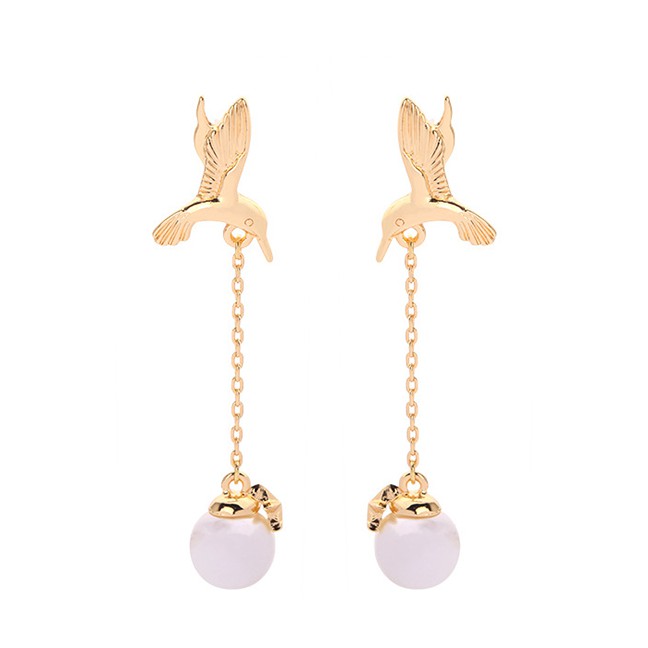 LRC Anting Tusuk Fashion Gold Bird Pearl Earrings f52096