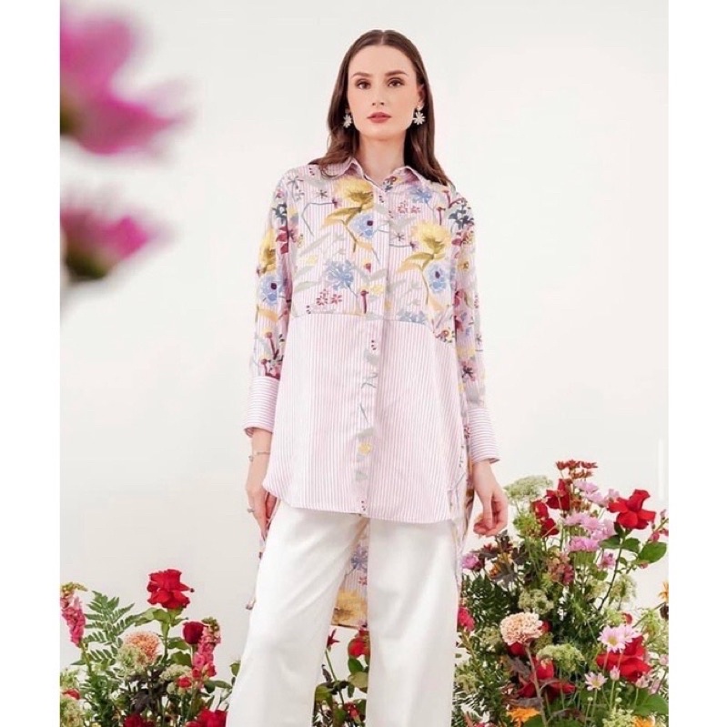 romantic garden flowy dress brown mandarin collar oversize pink stripe shirt buttonscarves buttonscr