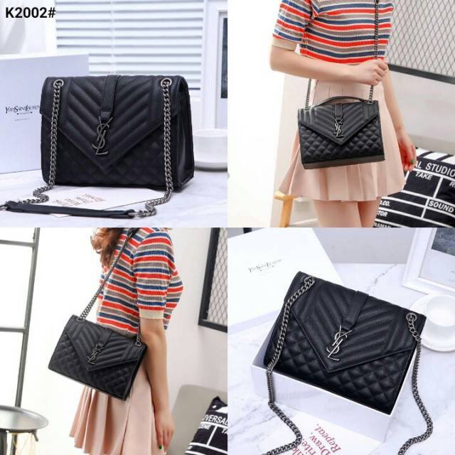 YsL Yves Saint Envelope In Mix Metalasse Grain Depousre Chain Shoulder Bag Include Box YsL