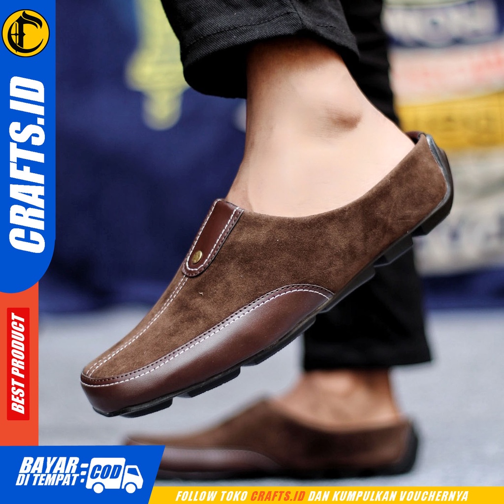 Sepatu Sendal Pria Casual Sepatu Slop Keren Kerja Outdoor Kulit Suede Original CRAFTS LUCCU