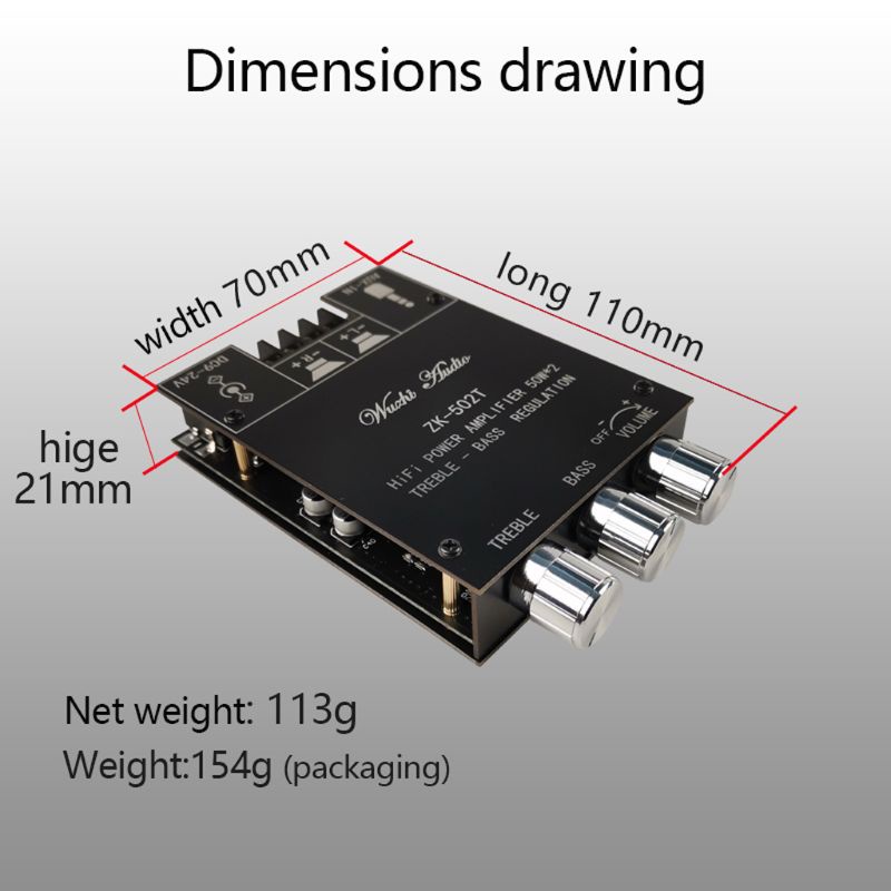 Amplifier Audio Digital Dual Channel Bluetooth 5.0 DC9-24V TPA3116D2 50W x 2 Treble Bass