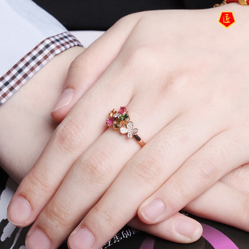 [Ready Stock]Colorful Gemstone Flower Ring Rose Gold Elegant Personality