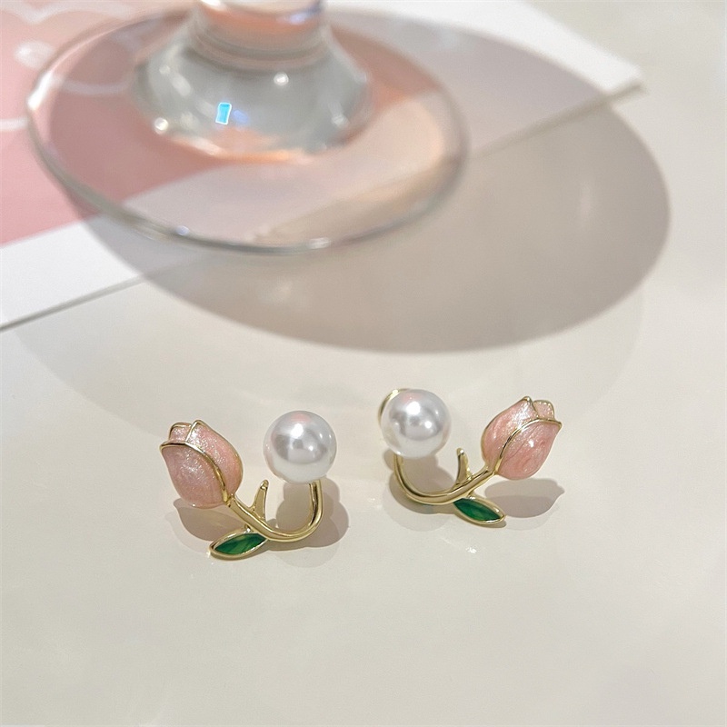 Anting Tusuk Desain Bunga Tulip Pink Besar Hias Mutiara Untuk Wanita