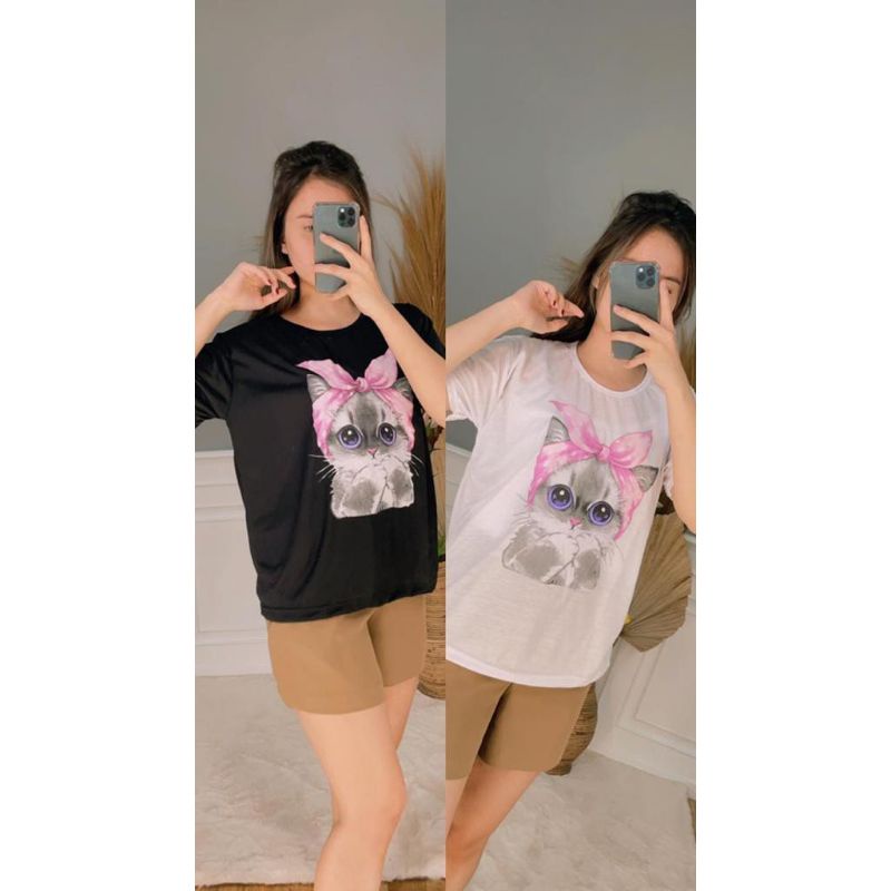 Medan Termurah Fit to xl LD 106 Kaos Meyong cute Dont touch bandana flower Kaos day wanita cat