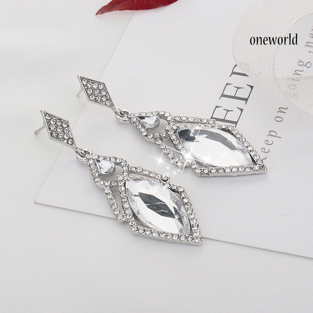 OW# Women Full Rhinestone Faux Crystal Rhombus Dangle Stud Earrings Party Jewelry