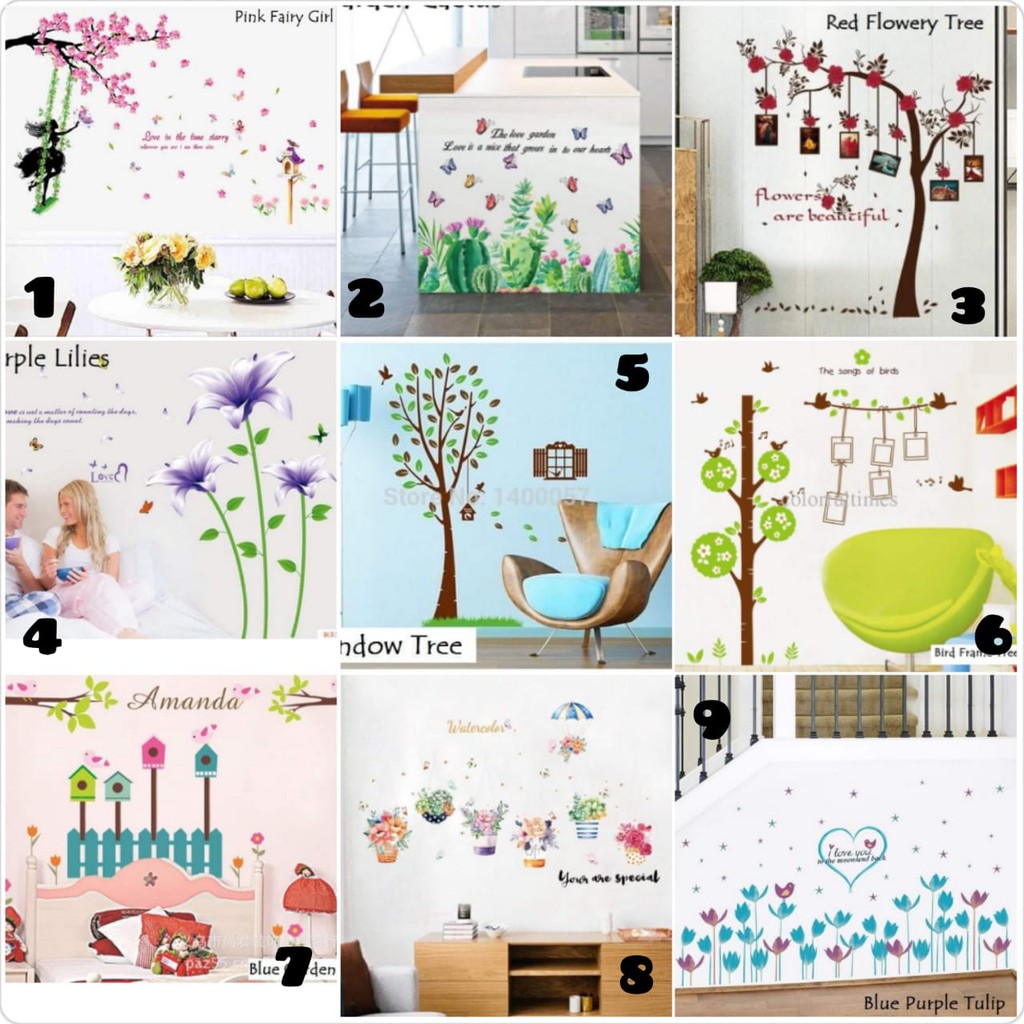 Wallsticker Hiasan Dinding Sticker Ukuran 60x90 Motif Bunga Pohon dan Pot Bunga