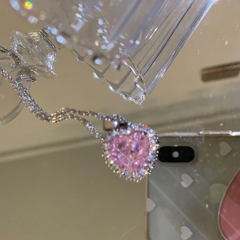 Kalung Rantai Dengan Liontin Bunga Es Batu Zircon Warna Pink Untuk Wanita