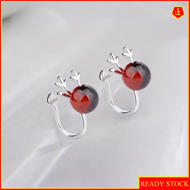 [Ready Stock]Female S925 Silver Red Garnet Antlers Ear Clip