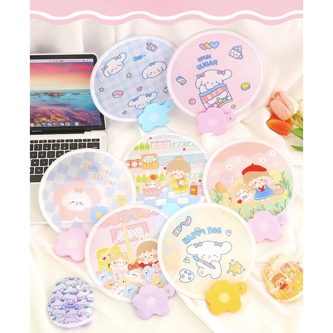 KENSHO Kipas Angin Lipat Mini Korea Portable Motif Kartun Lucu/Cartoon Student Portable Mini Fan Foldable Handheld Fan/ Imut / Sarung / Pouch / Bear / Kelinci