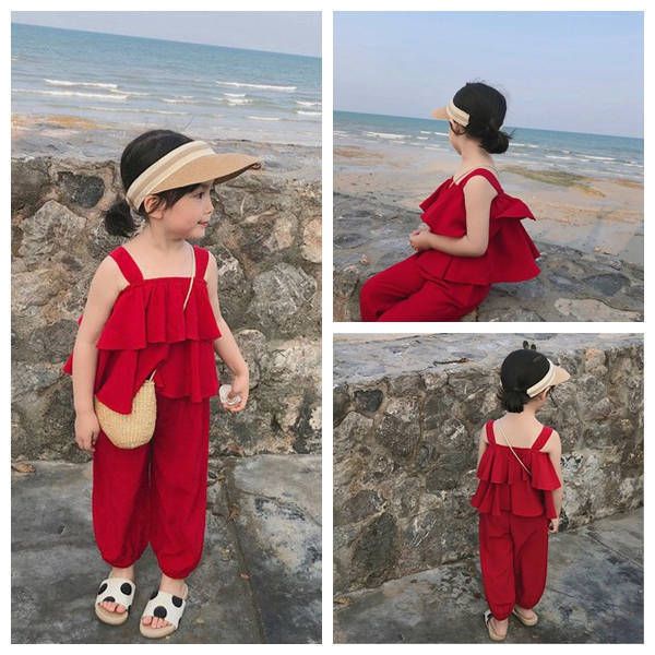 Setelan Anak Perempuan Tanktop Merah + Celana Joger