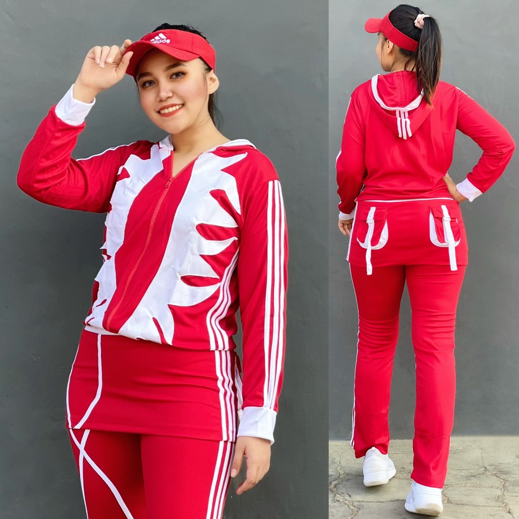 NEW PRODUCT Setelan Baju Senam Lapangan Cakar Panjang Merah Putih Hijab Cycling Olahraga Muslim