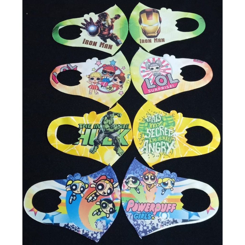 masker anak karakter/1 lusin campur gambar/bisa dicuci pakai bahan scuba tebal/gramasi 280