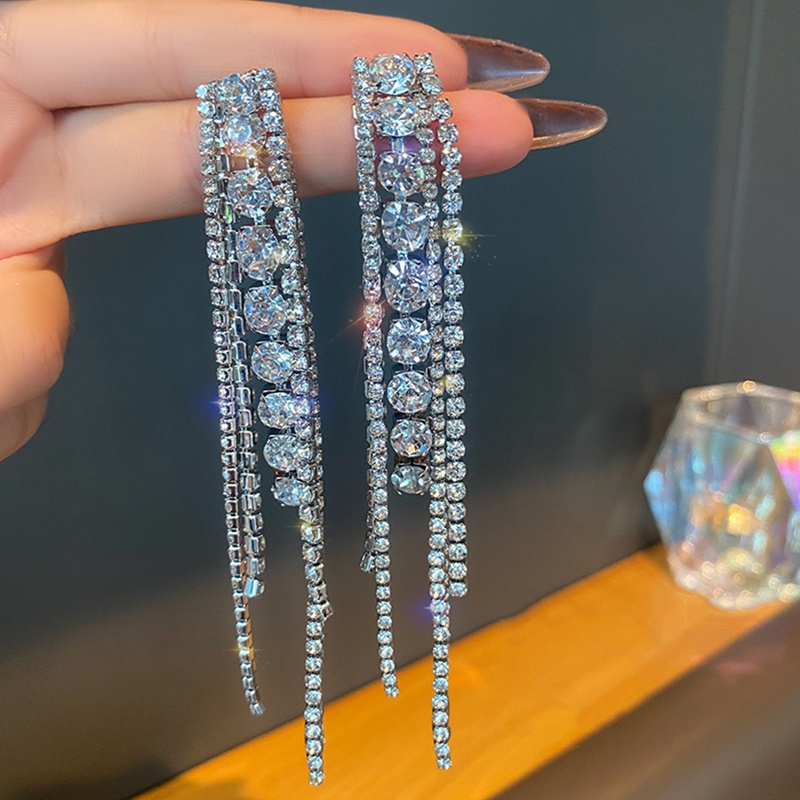 Anting Rumbai Panjang Hias Kristal Berlian Imitasi Gaya Korea Klasik Untuk Wanita