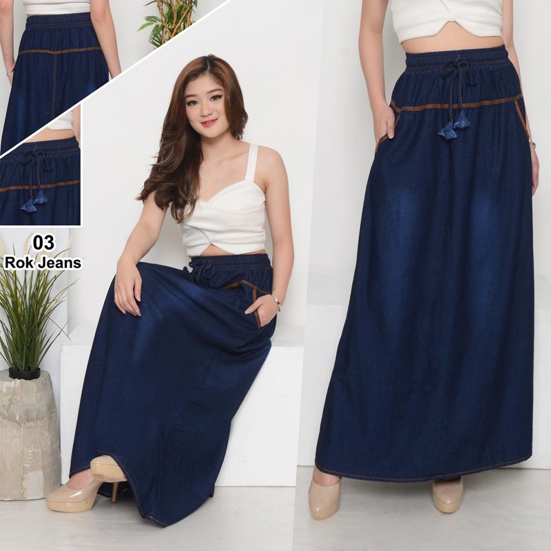 Rok Jeans Panjang Wanita Pinggang Karet Kekinian - Rok Panjang Wanita Cewek Fashion-1