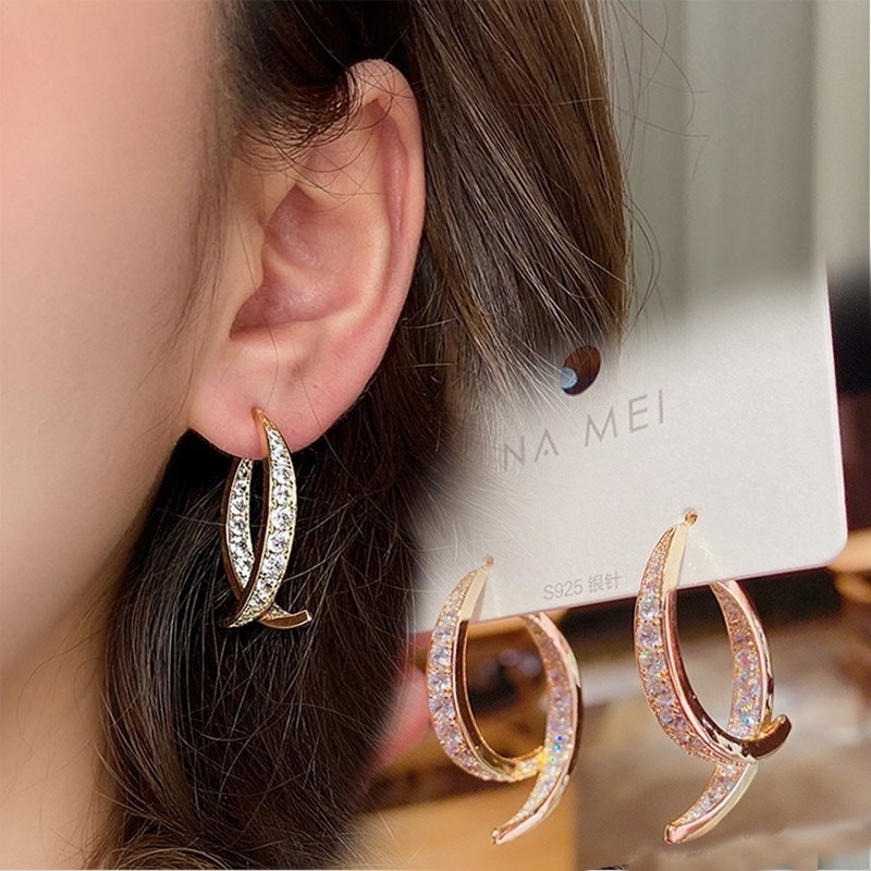 Anting Giwang Model Silang Dengan Kristal + Berlian Imitasi Untuk Wanita