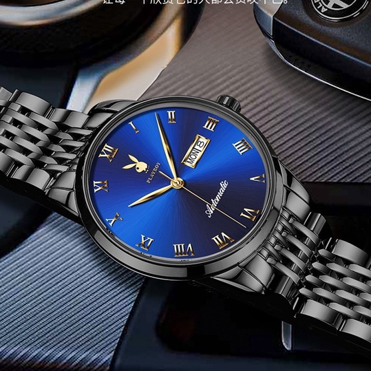 Jam Tangan Playboy Asli hitam Teknologi Mekanik Otomatis Tahan air Tren Fashion Pria Ultra-tipis